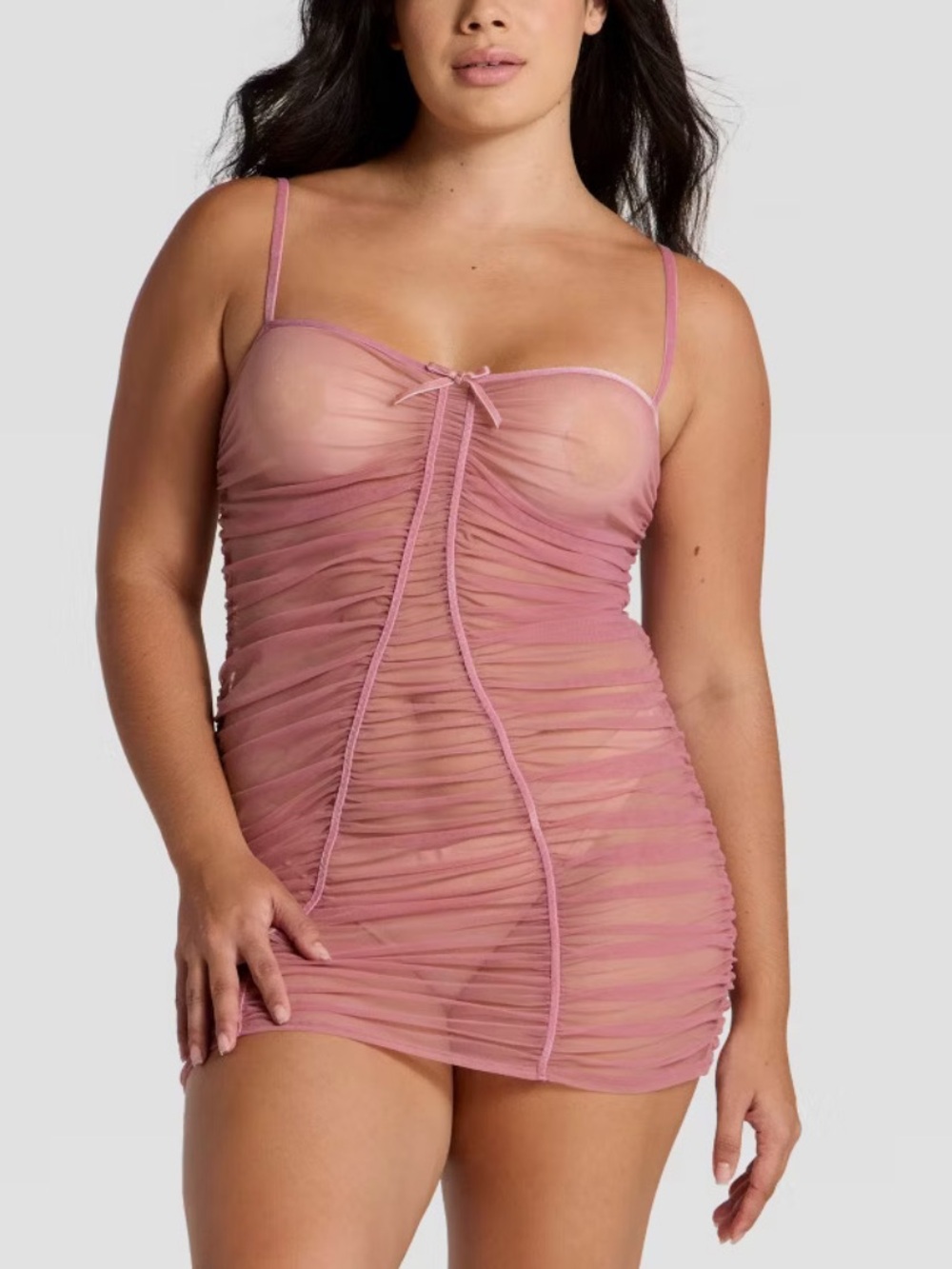 AUDEN Mauve Sheer Ruched Bow Slip Dress